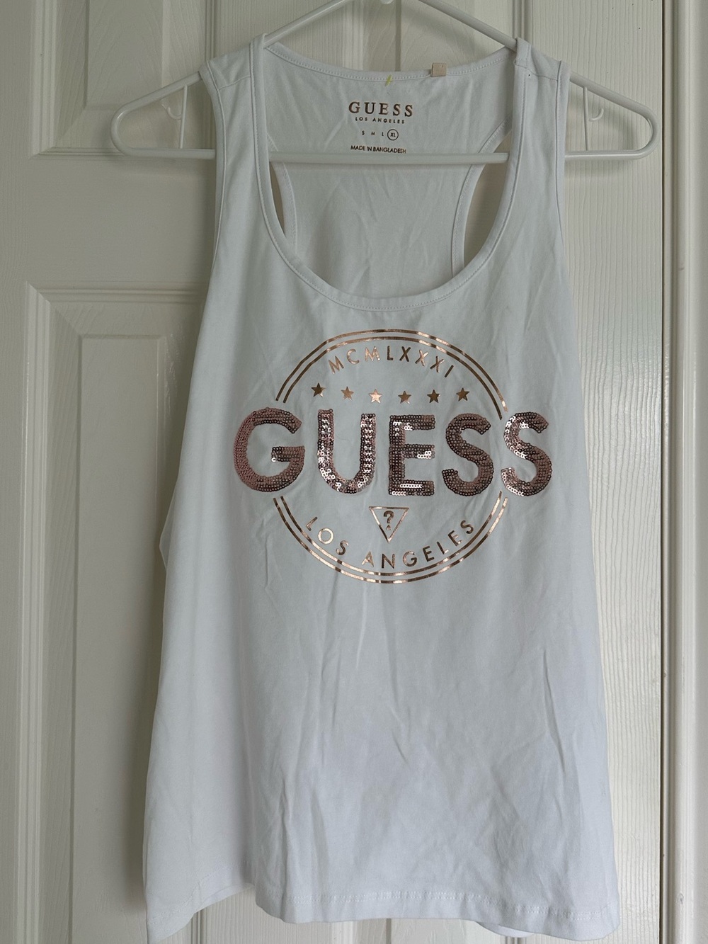 Guess 100% Cotton rose gold sequin logo tank top white Round Neck Size XL